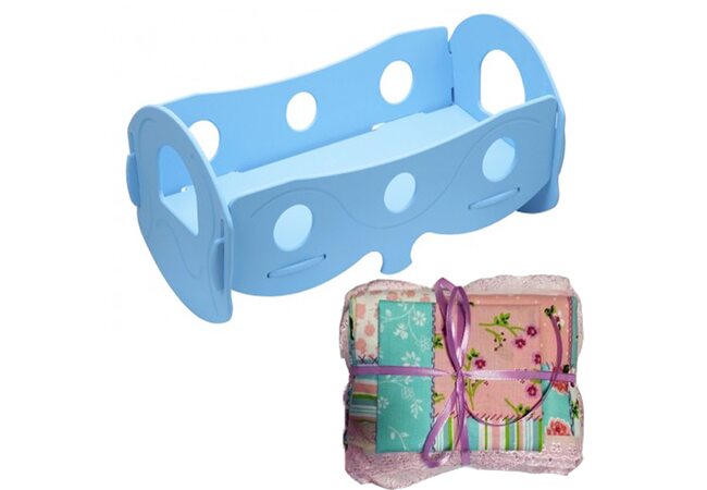 Ліжечко для ляльок (блакитне), з постільною білизною